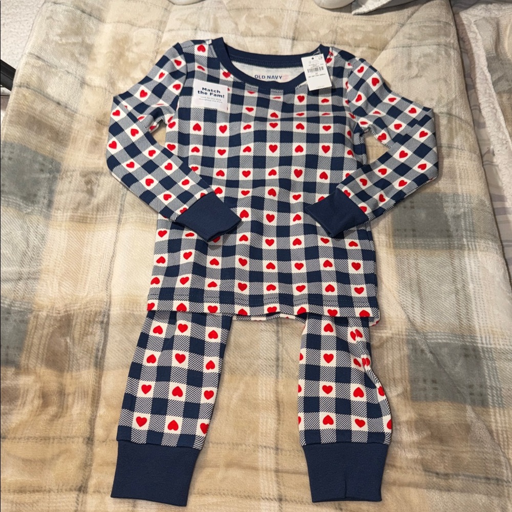 Old Navy Kids Pajama Set - Navy and Red Heart Checkered